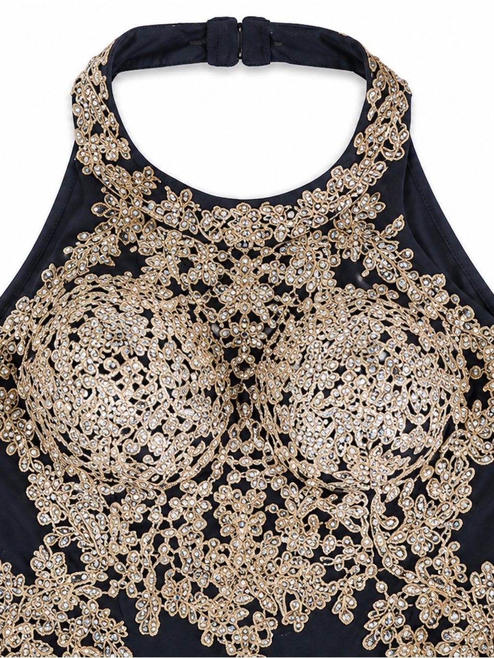 Black  Halter Evening Gown with Gold Lace Appliqué - Picture 3 of 5